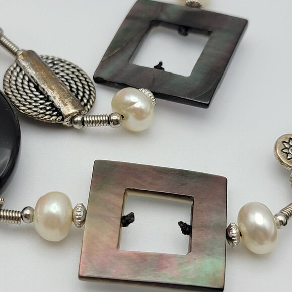 Premier Designs Black And Silver Pearl And Mop Geometric Link  Necklace 33" - Picture 5 of 8